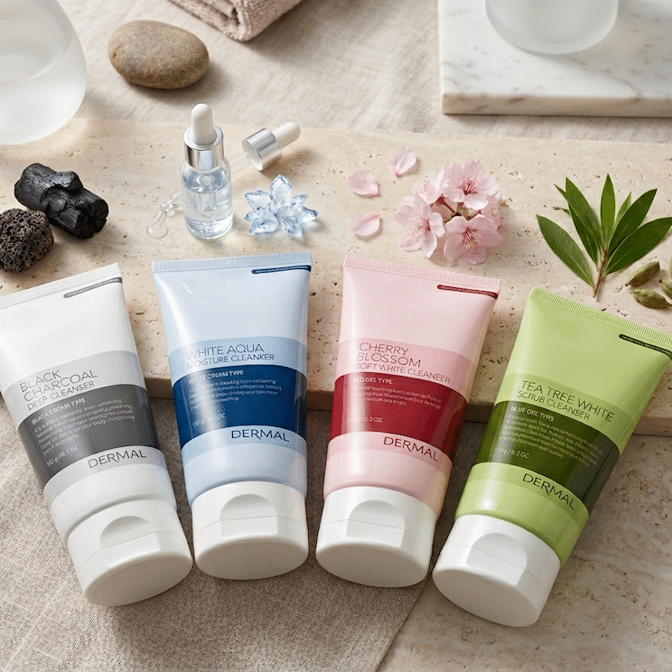 Neljä Dermal-puhdistusainetuubia: musta Charcoal, sininen Aqua, vaaleanpunainen Cherry Blossom ja vihreä Tea Tree kivialustalla.