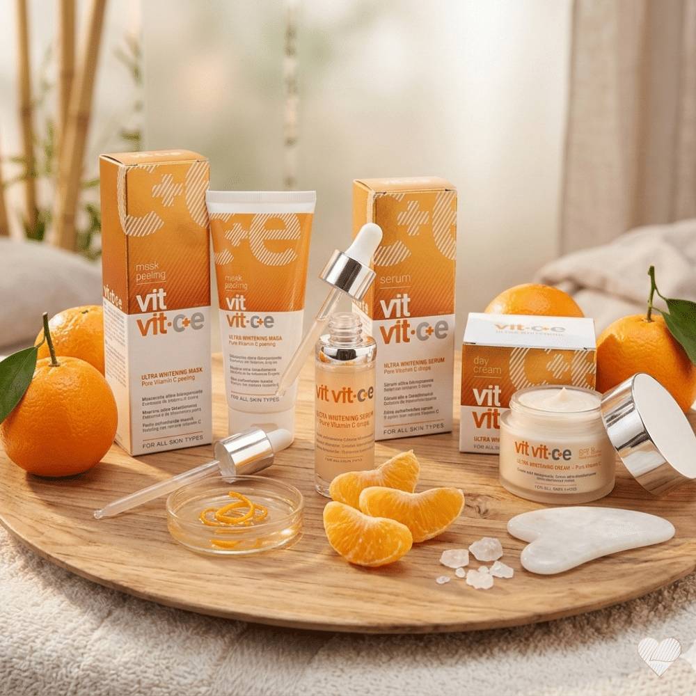 Vit Vit C+E -ihonhoitotuotteita, tuoreita mandariineja ja gua sha -kivi puisella tarjottimella.