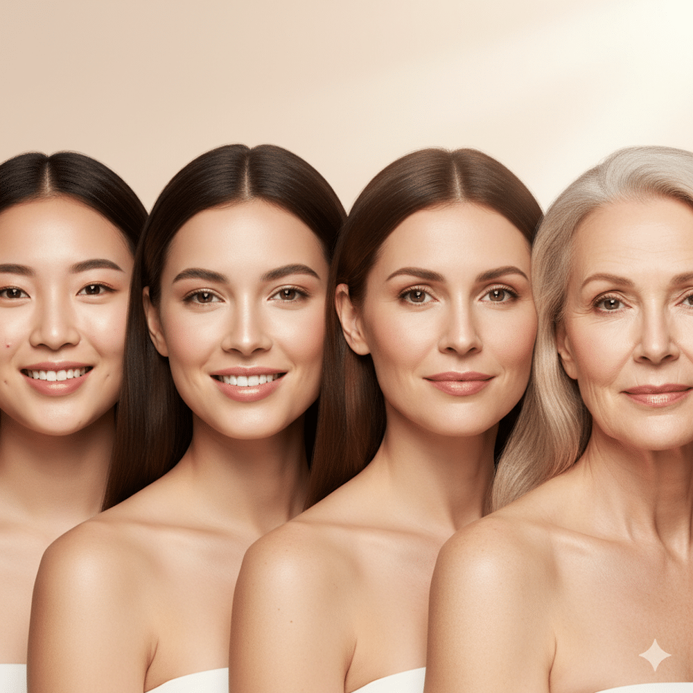 Neljä eri-ikäistä naista hymyilee rinnakkain edustaen ihon kauneutta ja hyvinvointia eri elämänvaiheissa.