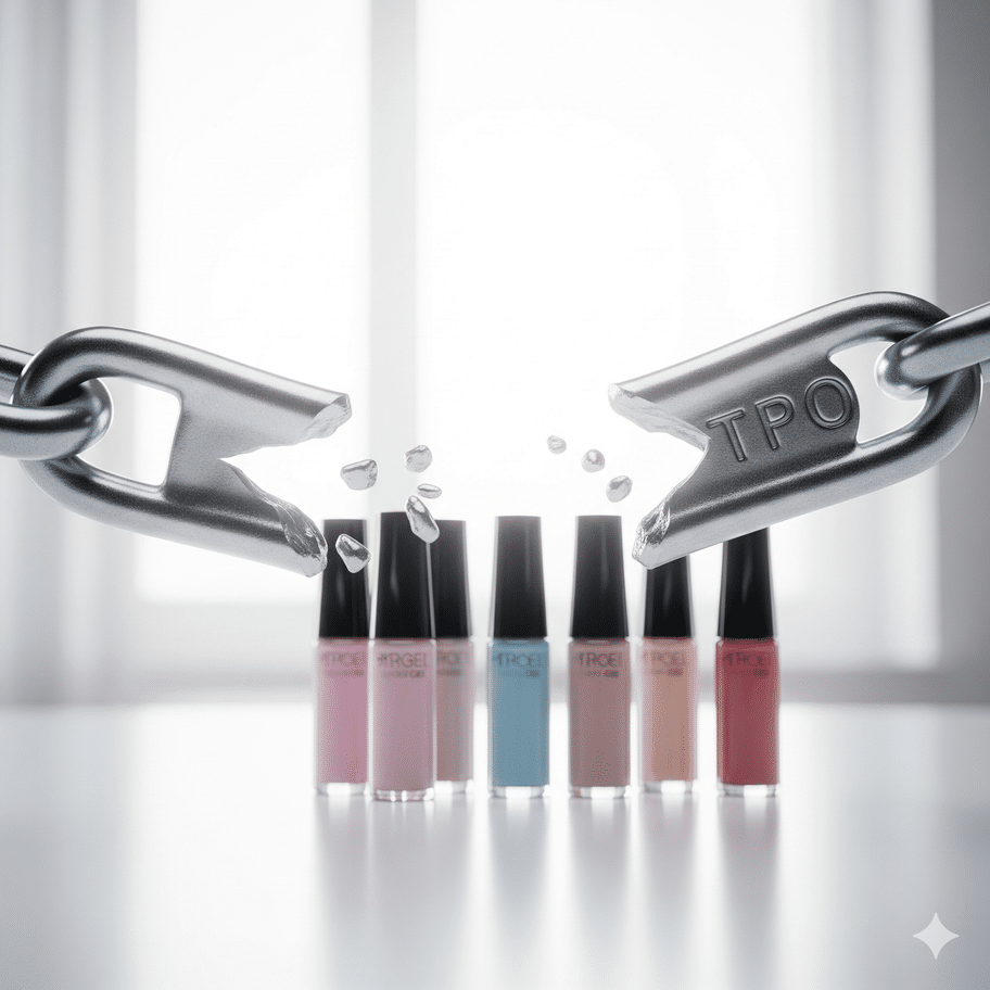 Murtuva metalliketju, jossa lukee TPO, ja taustalla rivi pastellisävyisiä kynsilakkapulloja.