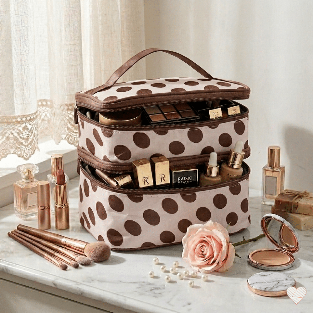 Vanhan roosan värinen meikkilaukku ruskeilla pilkuilla, avattuina osastoina ja täynnä meikkejä marmoripöydällä.