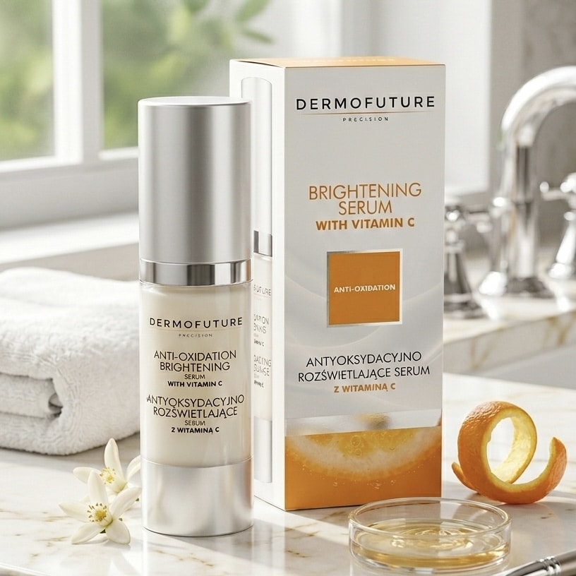 Dermofuture Brightening Serum -pullo ja pakkaus kylpyhuoneessa appelsiinin kuoren ja valkoisten kukkien kera.