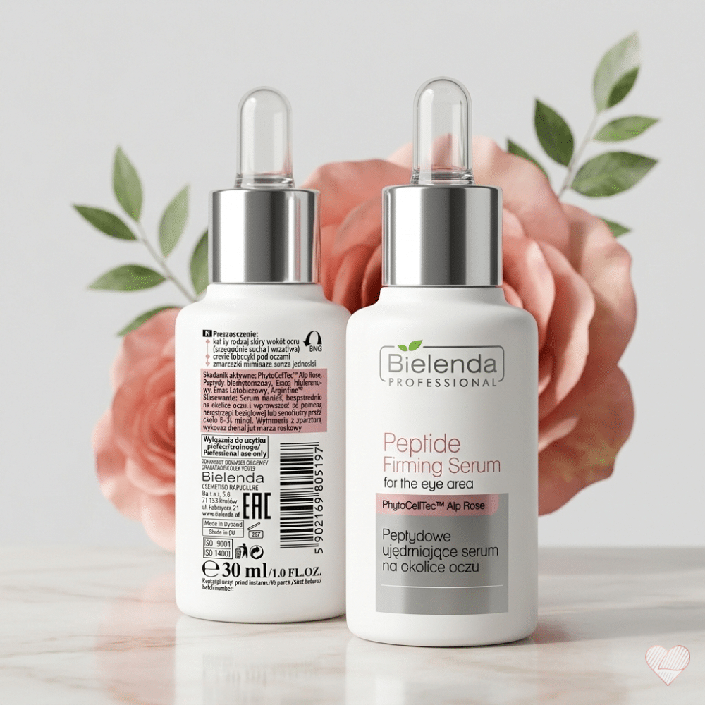 Bielenda Peptide Firming Serum -silmänympärysseerumi ja PhytoCellTec Alp Rose vaaleanpunaisen ruusun edessä.