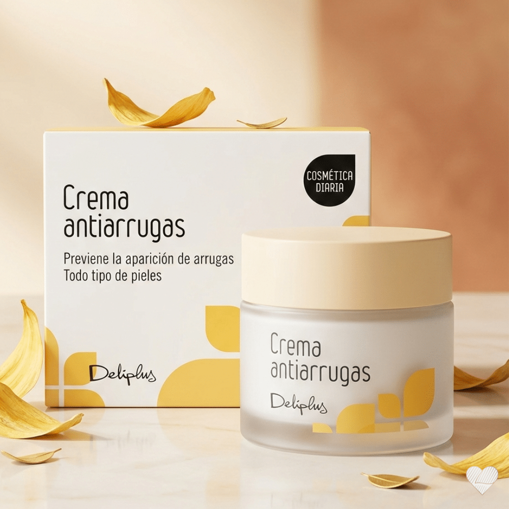 Deliplus Crema Antiarrugas -ryppyvoide purkki ja pakkaus keltaisten terälehtien ympäröimänä.
