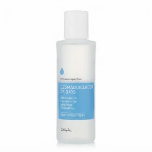 Deliplus Desmaquillador de ojos -silmämeikinpoistoaine 125 ml puoliläpinäkyvässä pullossa sinisellä etiketillä ja valkoisella korkilla.
