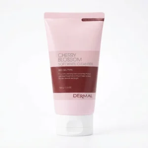 Vaaleanpunainen ja tummanpunainen DERMAL Cherry Blossom Soft White Cleanser 150 g -tuubi pystyssä puhtaan valkoisella taustalla. Tuubissa on valkoinen korkki ja selkeästi erottuvat tuotetekstit.