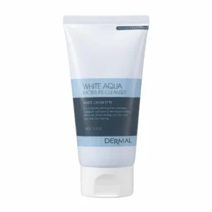 Valkoinen ja vaaleansininen DERMAL White Aqua Moisture Cleanser 150 g -tuubi pystyssä kirkkaan valkoisella taustalla. Tuubissa on valkoinen korkki ja selkeät englanninkieliset tuotetekstit tummansinisellä pohjalla.