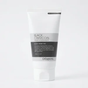 Valkoinen ja musta DERMAL Black Charcoal Deep Cleanser 150 g -tuubi pystyssä kirkkaan valkoisella taustalla. Tuubissa on valkoinen korkki ja selkeät englanninkieliset tuotetekstit tummalla pohjalla.