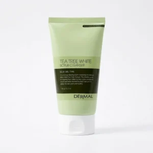 Vaaleanvihreä DERMAL Tea Tree White Scrub Cleanser 150 g -tuubi pystyssä kirkkaan valkoisella taustalla. Tuubissa on valkoinen korkki ja keskellä tummanvihreä osio englanninkielisillä tuoteteksteillä.