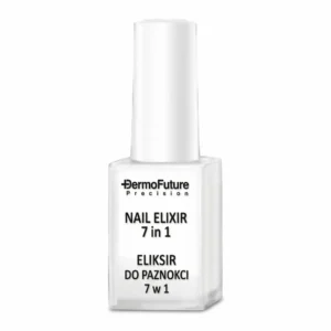 Kulmikas lasinen DermoFuture Precision Nail Elixir 7 in 1 -kynsien hoitoeliksiiripullo valkoisella korkilla puhtaalla valkoisella taustalla.