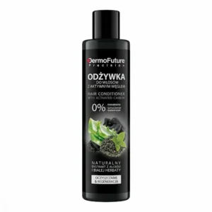 DermoFuture Precision -hiustenhoitoainepullo puhdistavalla aktiivihiilellä. Mustassa pullossa on 0 % parabeeneja -merkintä sekä kuvitus aloe verasta, lääkehiilestä ja valkoisesta teestä.