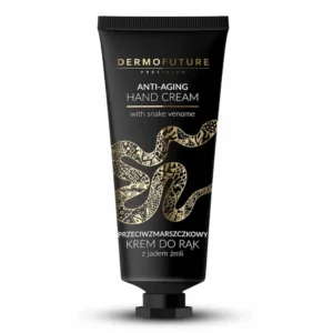 Musta DermoFuture Precision Anti-Aging Hand Cream with snake venom -käsvoidetuubi valkoisella taustalla. Tuubin etuosassa on ylellinen kultainen käärmekuviointi sekä brändimerkinnät.