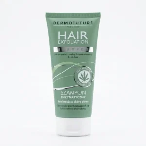 Vaaleanvihreä DermoFuture Hair Exfoliation -kuorintashampootuubi puhtaanvalkoisella taustalla. Tuubin etuosassa näkyvät tuotteen nimi, entsymaattisen kuorinnan merkintä sekä hampunsiemenöljyyn viittaava pyöreä Cannabis Oil -sinetti.