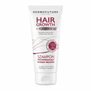 Valkoinen DermoFuture Hair Growth Shampoo -tuubipakkaus puhtaan valkoisella taustalla. Tuubin etupuolella on viininpunainen ja musta tekstiasettelu sekä kasvikompleksista kertova pyöreä sinetti.