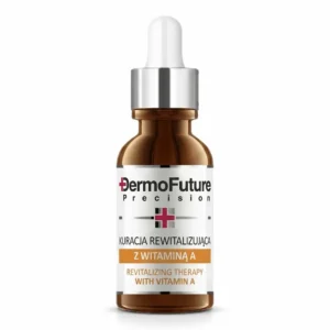 Ruskea lasinen DermoFuture Precision nuorentavan Retinol A-vitamiiniseerumin pipettipullo kultaoranssilla etikettiraidalla ja hopea-valkoisella pipettikorkilla valkoisella taustalla.
