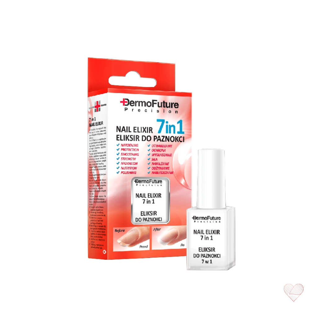 DermoFuture Nail Elixir 7 in 1 -pullo ja punavalkoinen pakkaus, jossa on kuva hoidetusta kynnestä.