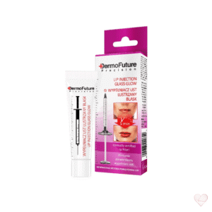 DermoFuture Lip Injection Glass Glow -tuubi ja lila pakkaus, jossa on kuvat huulista ennen ja jälkeen 5 minuutin vaikutuksen.