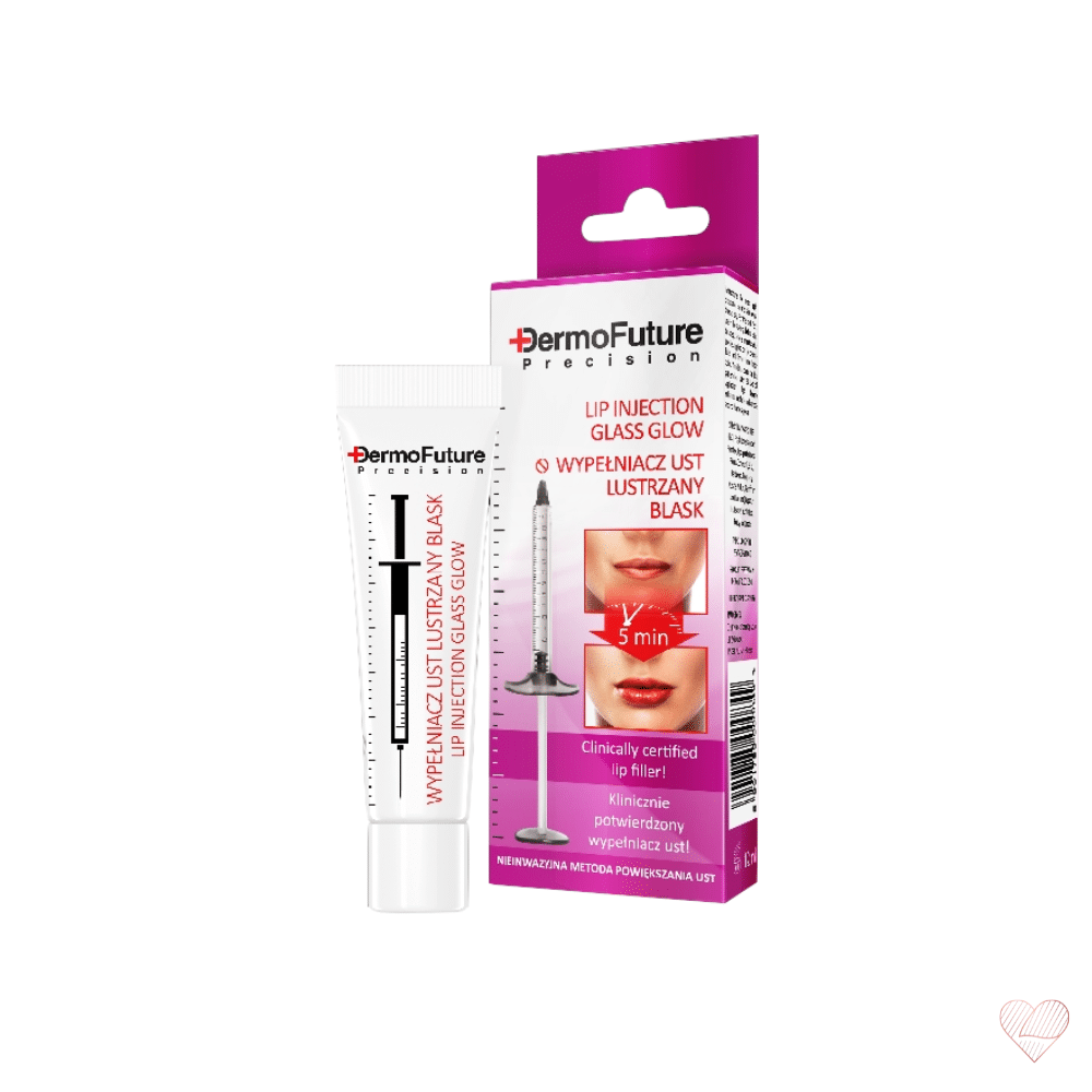 DermoFuture Lip Injection Glass Glow -tuubi ja lila pakkaus, jossa on kuvat huulista ennen ja jälkeen 5 minuutin vaikutuksen.
