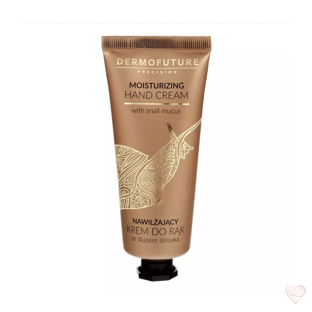 Kuparinhohtoinen DermoFuture Moisturizing Hand Cream -tuubi, jossa on kullanvärinen etanakuvio.