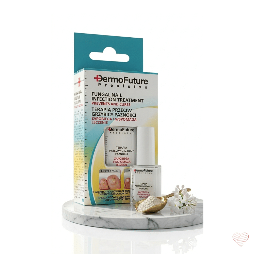 DermoFuture kynsisienen hoitotuote ja pakkaus marmorialustalla, jossa on kultainen lusikka ja valkoisia kukkia.