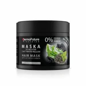 DermoFuture Precision -hiusnaamiopurkki puhdistavalla aktiivihiilellä. Mustassa 300 gramman purkissa on 0 % parabeeneja -merkintä sekä kuvitus aloe verasta, lääkehiilestä ja valkoisesta teestä.