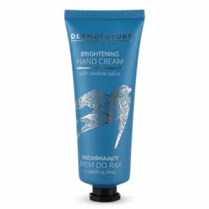 Sininen DermoFuture Brightening Hand Cream with swallow saliva -käsvoidetuubi valkoisella taustalla. Tuubin etuosassa on hopeanhohtoinen koristeellinen pääskylintukuvio ja bränditekstit.