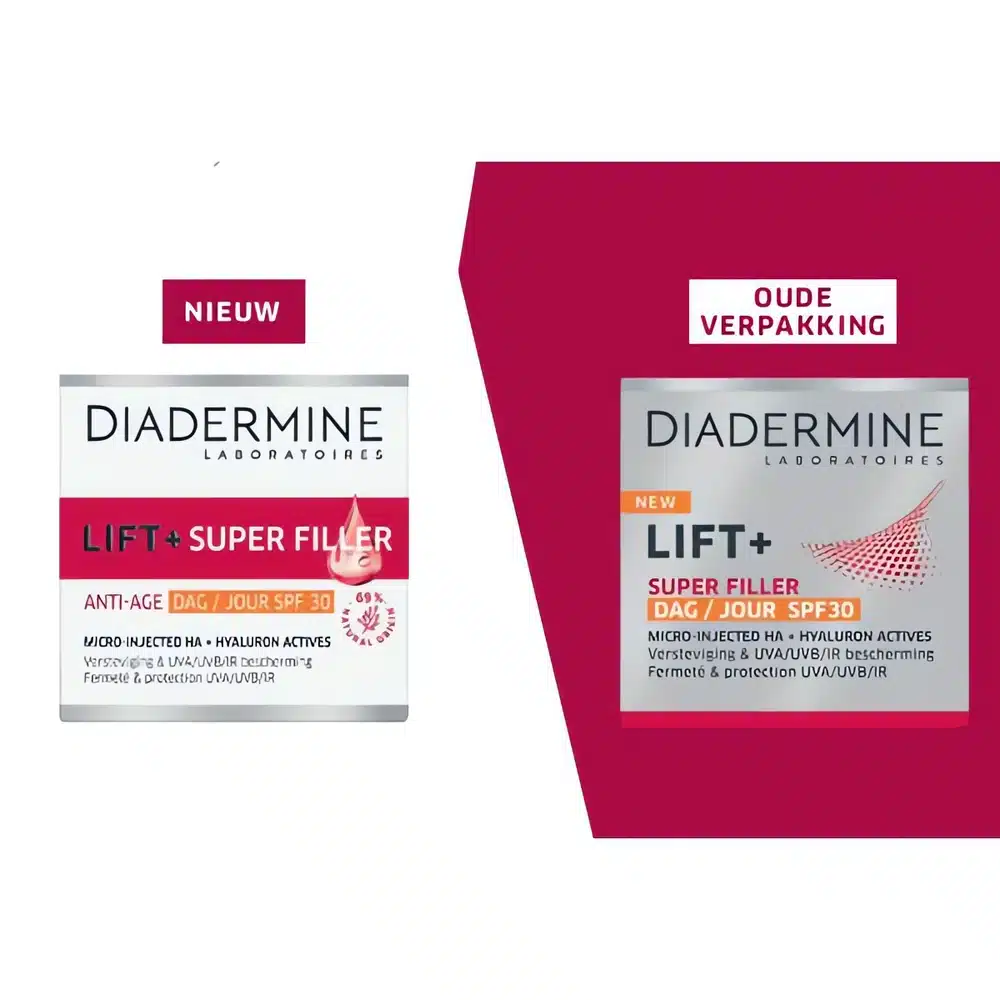 Kiinteyttävä Diadermine Lift+ Super Filler -päivävoide SPF30. Mikroinjektoitu hyaluronihappo silottaa ryppyjä ja suojaa ihoa tehokkaasti.