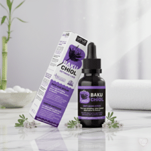 Diet Esthetic Vit Vit Bakuchiol -seerumipullo ja pakkaus marmorialustalla lilan kukan kera.