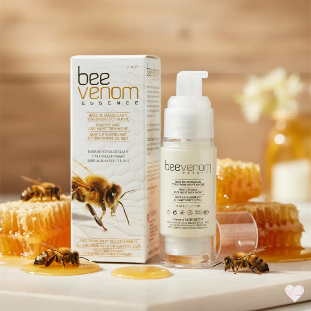 Diet Esthetic Bee Venom Essence -seerumipullo ja pakkaus marmorialustalla, jossa on hunajakennoja ja eläviä mehiläisiä.