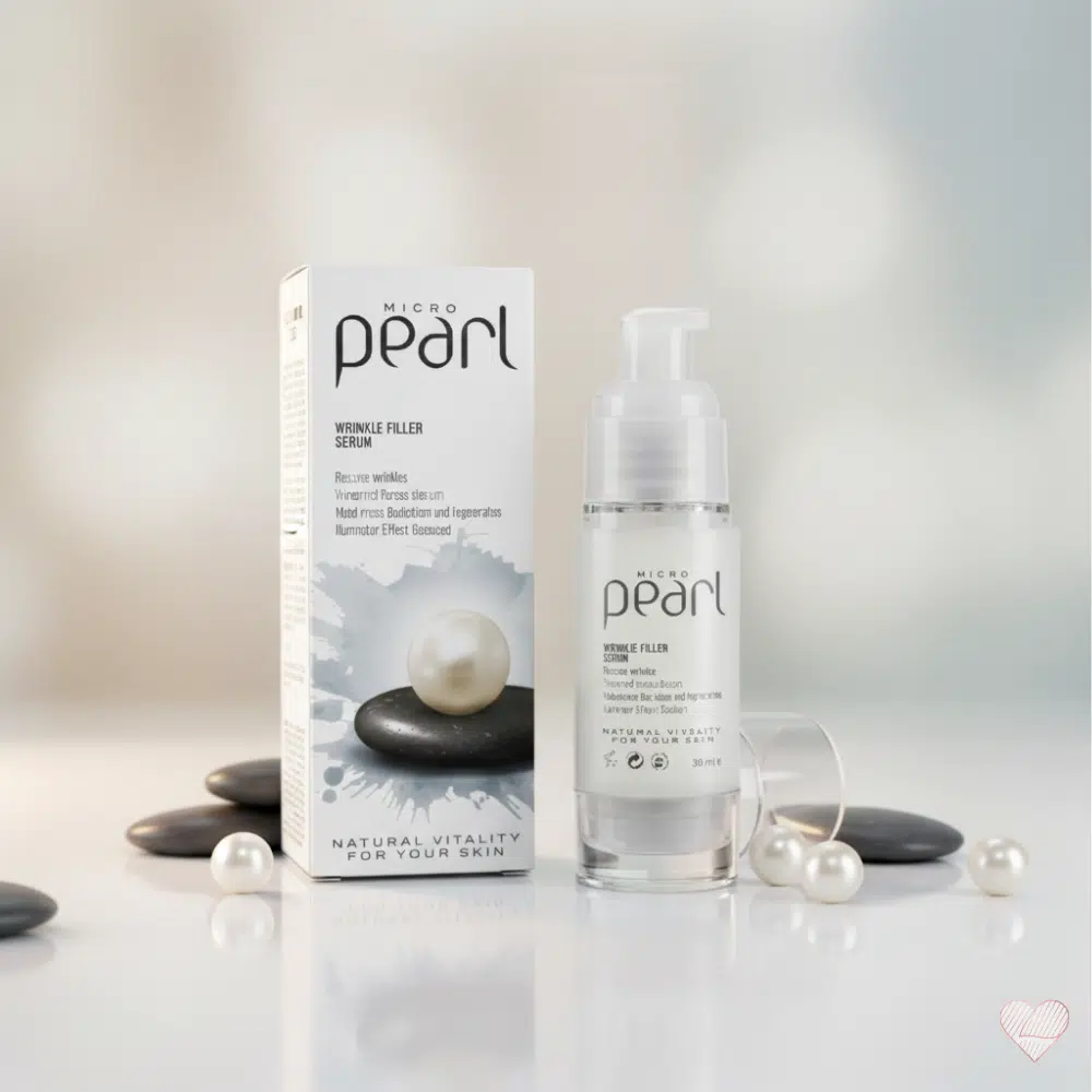 Diet Esthetic Micro Pearl -seerumipullo ja pakkaus valkoisella tasolla ympärillään irrallisia helmiä ja sileitä kiviä.