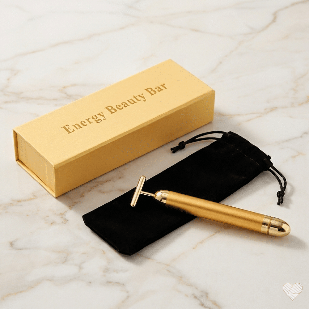 Kultainen T-muotoinen 24k Beauty Bar -kasvojen hierontalaite, keltainen logollinen säilytyskotelo ja musta samettinen suojapussi vaalealla marmorialustalla.