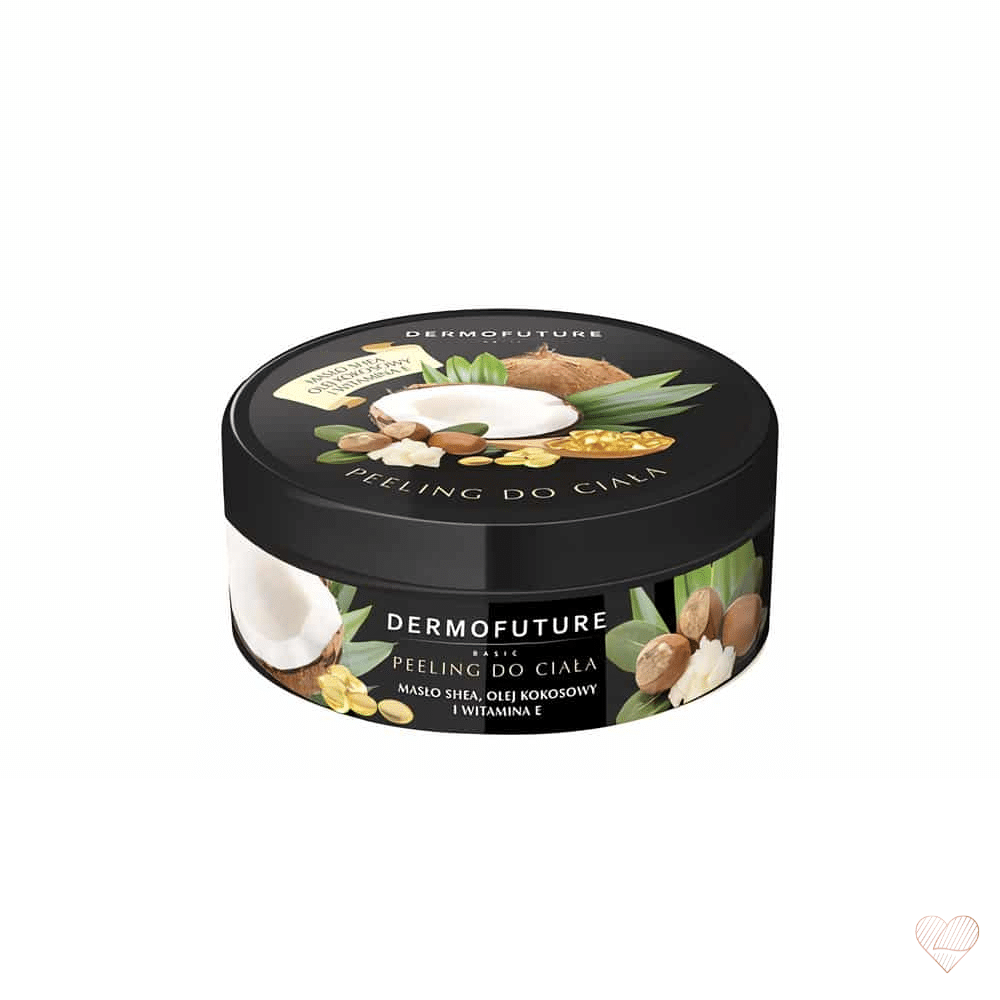DermoFuture vartalon sokerikuorintapurkki, jossa on kuvituksena kookospähkinä, sheapähkinöitä ja öljypisaroita.