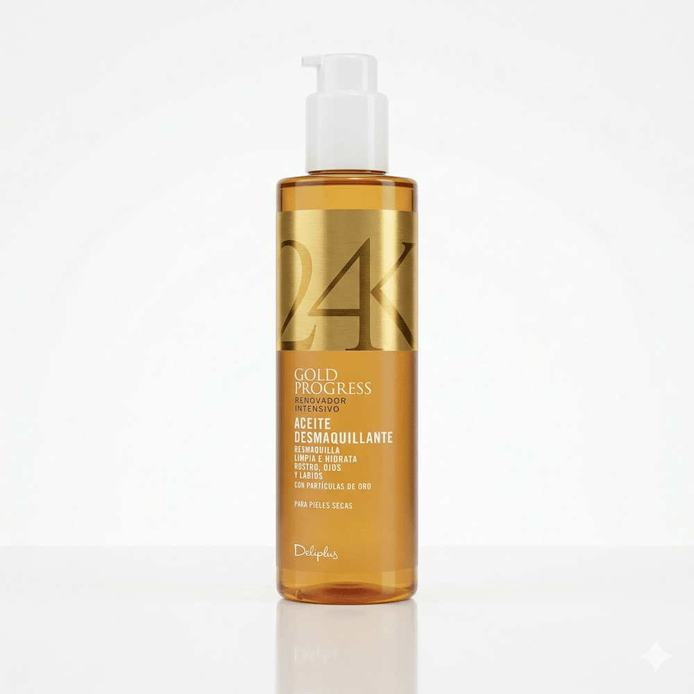 Kultahiukkasia sisältävä Deliplus Gold Progress 24K -puhdistusöljy pumppupullossa kuivalle iholle.