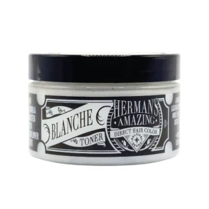 Herman's Amazing Blanche Toner -pastellisoiva suoraväri valkoisessa purkissa, jossa on musta kansi ja näyttävä mustavalkoinen vintage-henkinen etiketti.