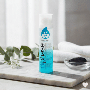 Kaksivaiheinen sinivalkoinen meikinpoistoainepullo marmorialustalla kylpyhuoneympäristössä eukalyptuksen oksan kera.