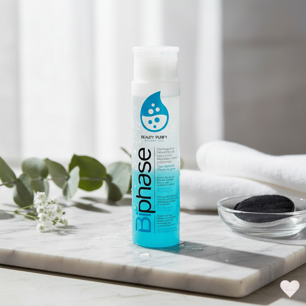 Kaksivaiheinen sinivalkoinen meikinpoistoainepullo marmorialustalla kylpyhuoneympäristössä eukalyptuksen oksan kera.