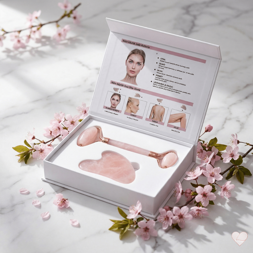 Vaaleanpunainen ruusukvartsista valmistettu kasvorulla ja Gua Sha -kivi tyylikkäässä lahjapakkauksessa kirsikankukkien ympäröimänä.