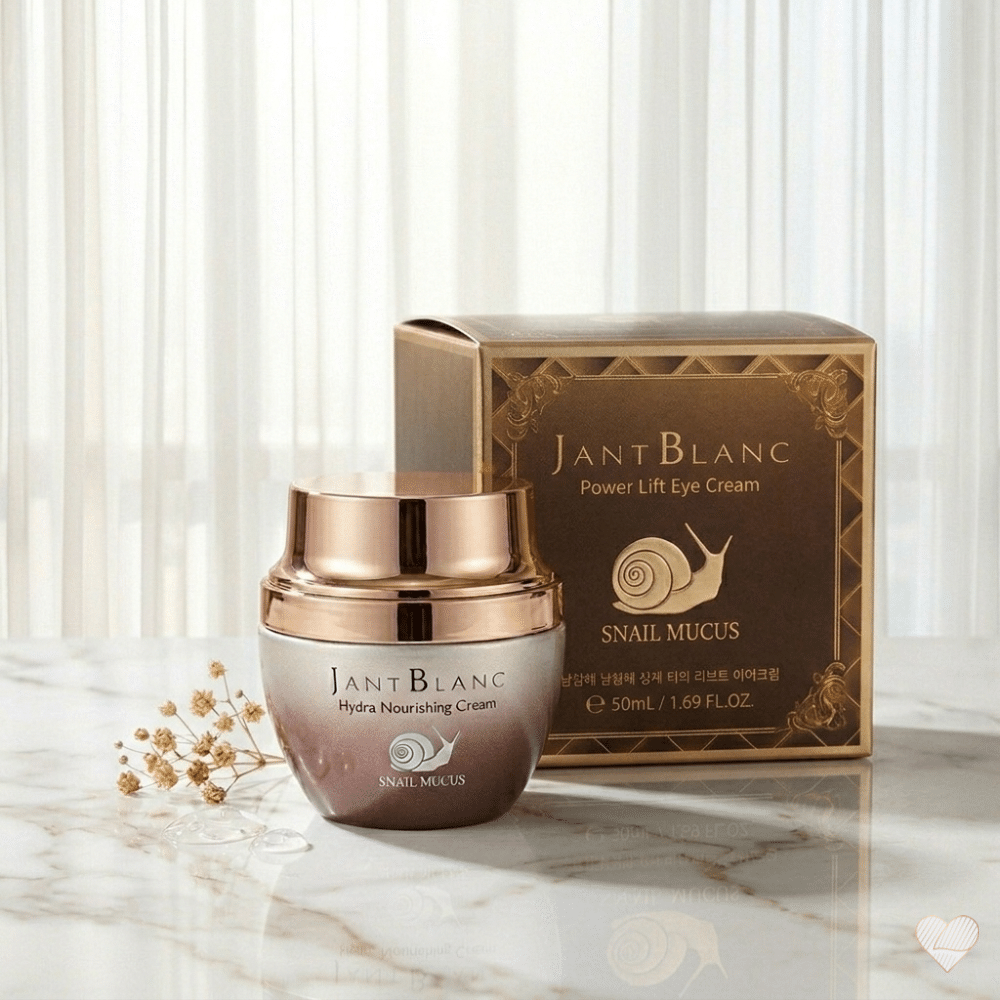 Ylellinen Jant Blanc Power Lift -voidepurkki ja kultainen myyntipakkaus marmorialustalla etanaseerumi-kuviolla.