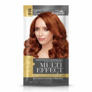 Joanna Multi Effect Keratin Complex Color 015 Fiery Red -suoraväripussi, jonka kannessa on nainen kuparinpunaisilla kiharoilla hiuksilla.