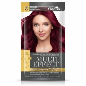 Joanna Multi Effect Keratin Complex Color 04 Red Raspberry -suoraväripussi, jonka kannessa on nainen kirkkaan vadelmanpunaisilla hiuksilla.