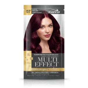 Joanna Multi Effect Keratin Complex Color 07 Deep Burgundy -suoraväripussi, jonka kannessa on nainen syvän viininpunaisilla hiuksilla.