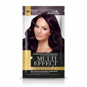 Joanna Multi Effect Keratin Complex Color 08 Juicy Eggplant -suoraväripussi, jonka kannessa on nainen syvän tummanvioleteilla hiuksilla.