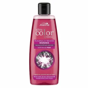 Joanna Ultra Color Pinkki -hiushuuhtelupullo vaaleanpunaisella nesteellä, mustalla korkilla ja tuote-etiketillä valkoisella taustalla.