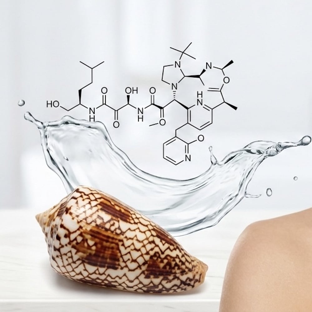 Kartioetanan kuori, vesisplash ja konotoksiinin kemiallinen rakennekaava vaalealla taustalla.