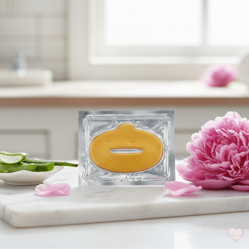 Kultainen hydrogeeli-huulinaamio pakkauksessaan marmorialustalla, vieressä aloe veraa ja vaaleanpunainen pioni.