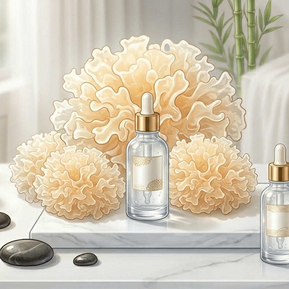 Vaaleita, poimuilevia lumisieniä ja lasisia pipettipulloja marmorialustalla kylpyläympäristössä.