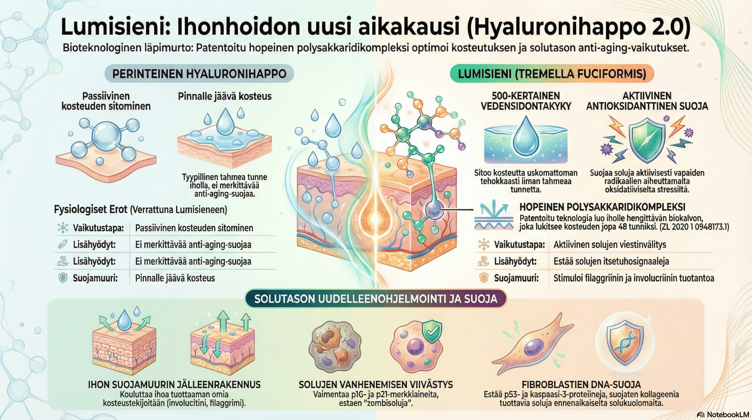 Infografiikka näyttää, miten lumisieni sitoo kosteutta hyaluronihappoa tehokkaammin ja suojaa ihosoluja ikääntymiseltä.