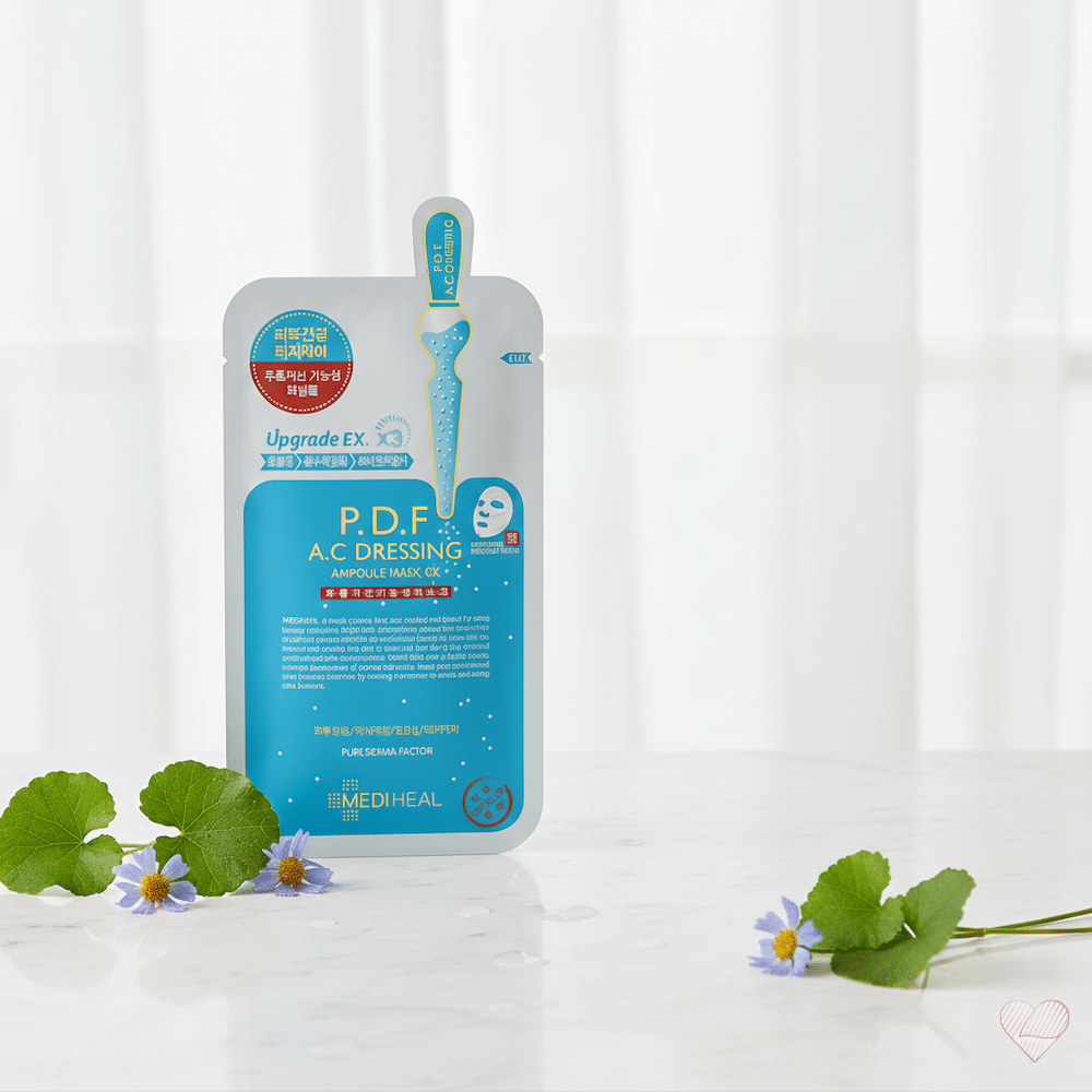 Sininen Mediheal P.D.F A.C Dressing -kangasnaamiopakkaus marmorialustalla, vieressä rauhoittavia Centella asiatica -lehtiä ja pieniä kukkia.