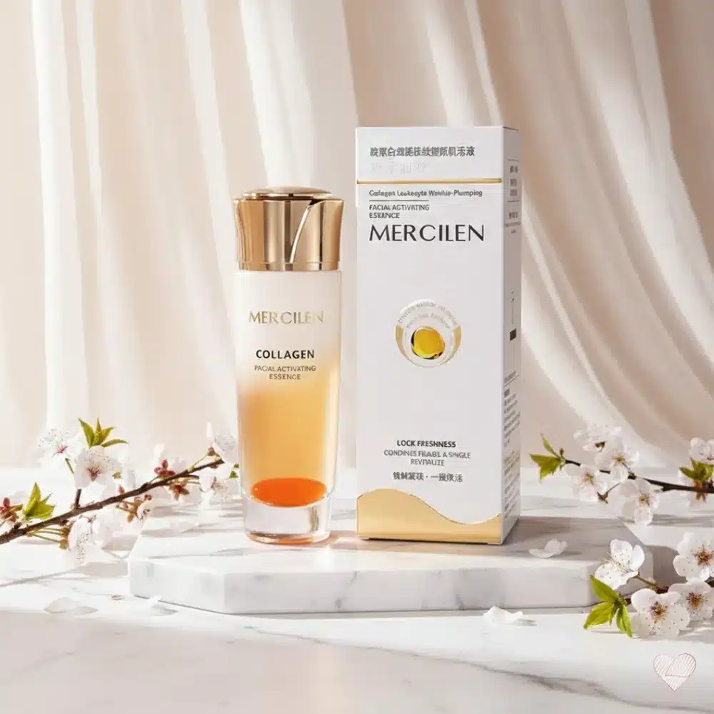 Mercilen Collagen kasvoseerumi ja valkokultainen pakkaus. Lasipullossa on kullankeltaista kosteuttavaa seerumia.