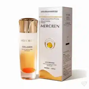 Mercilen Collagen kasvoseerumi ja valkokultainen pakkaus. Lasipullossa on kullankeltaista kosteuttavaa seerumia.
